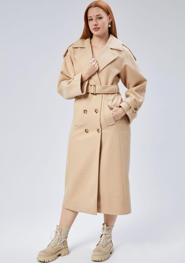 Camel Regular Apolet Detaylı Kruvaze Kaşe Kaban - Image 1