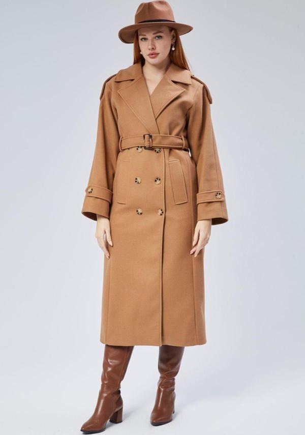 Taba Regular Apolet Detaylı Kruvaze Kaşe Kaban - Image 1