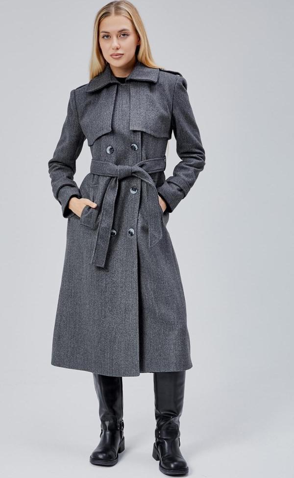 Koyu Gri Regular Rüzgarlık Detaylı Kaşe Kaban - Image 1