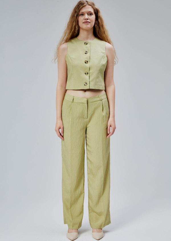 Haki Çizgili Modal Yelek-Pantolon Takım - Image 1