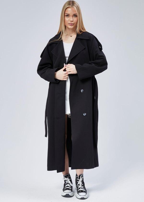 Siyah Oversize Astarlı Uzun Trençkot - Image 1