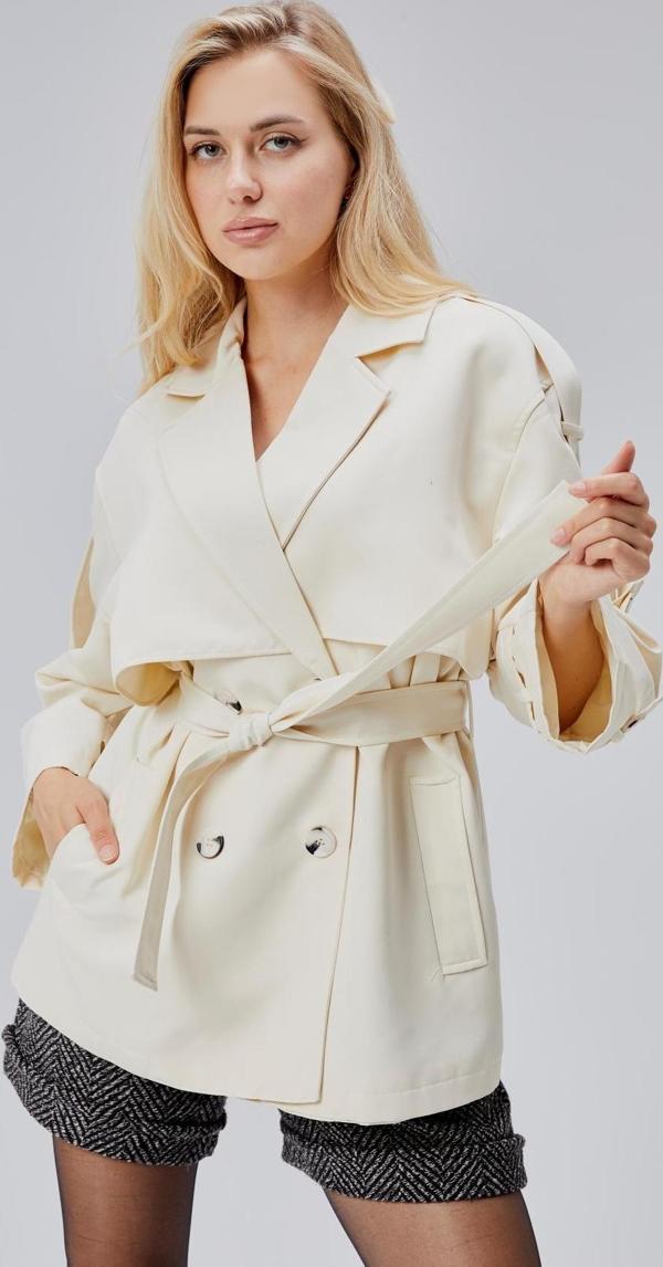 Oversize Ekru Rüzgarlık Detaylı Beli Kuşaklı Trençkot - Image 1