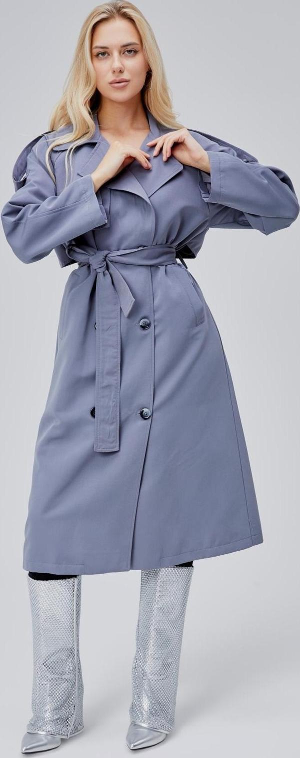 Gri Oversize Astarlı Uzun Trençkot - Image 1