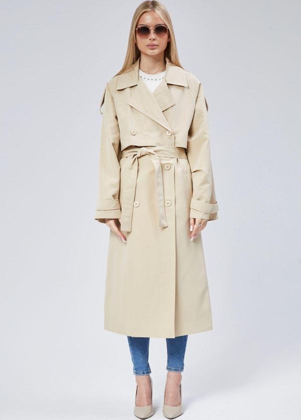 Bej Oversize Kruvaze Kapama Rüzgarlık Detaylı Trençkot 44956 - Image 1