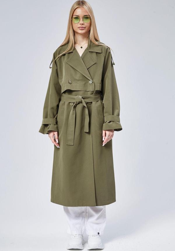 Haki Oversize Kruvaze Kapama Rüzgarlık Detaylı Trençkot 44956 - Image 1