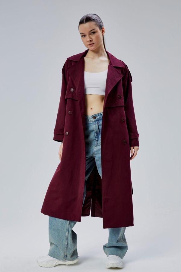 Bordo Kruvaze Kapama Rüzgarlık Detaylı Trençkot 44956 - Image 1
