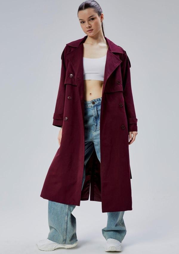 Bordo Kruvaze Kapama Rüzgarlık Detaylı Trençkot 44956 - Image 1