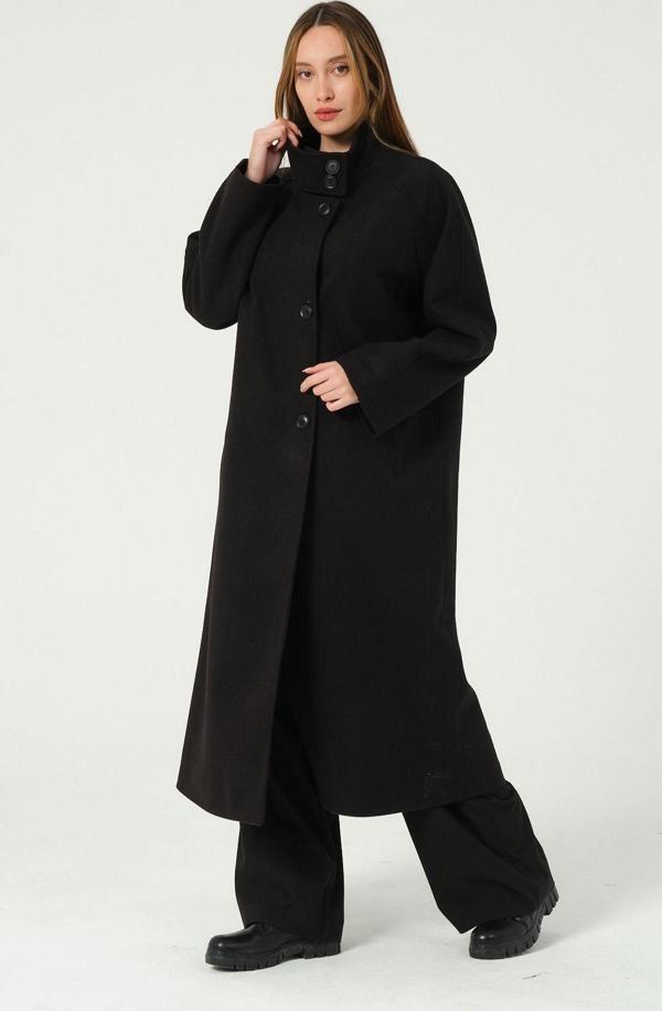 Siyah Dik Yaka Oversize Uzun Yünlü Kaşe Kaban - Image 1