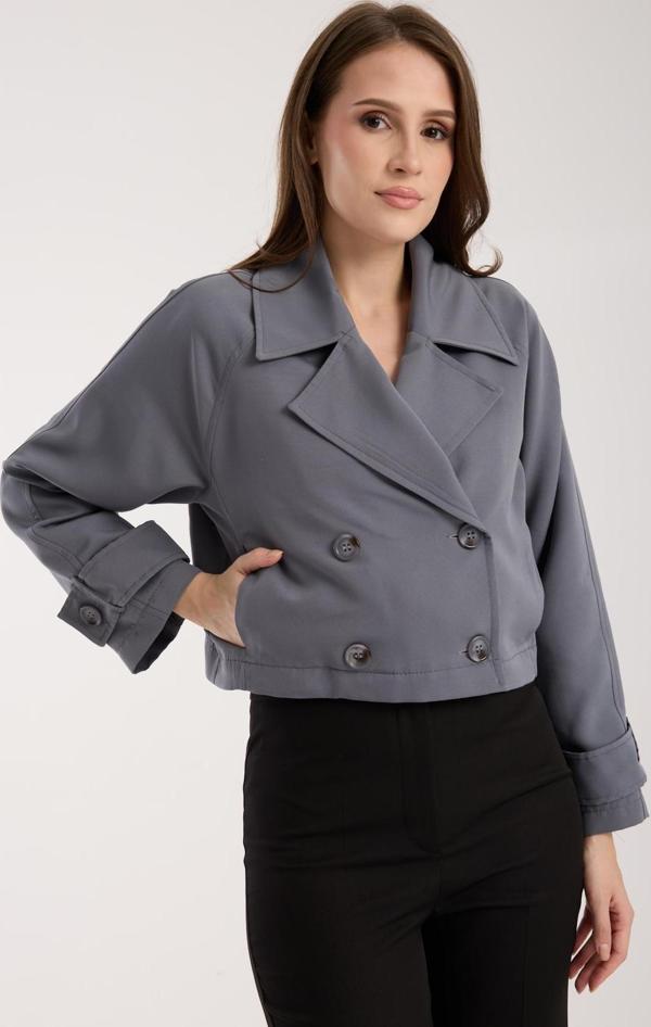 Koyu Gri Kruvaze Yaka Crop Trençkot - Image 1