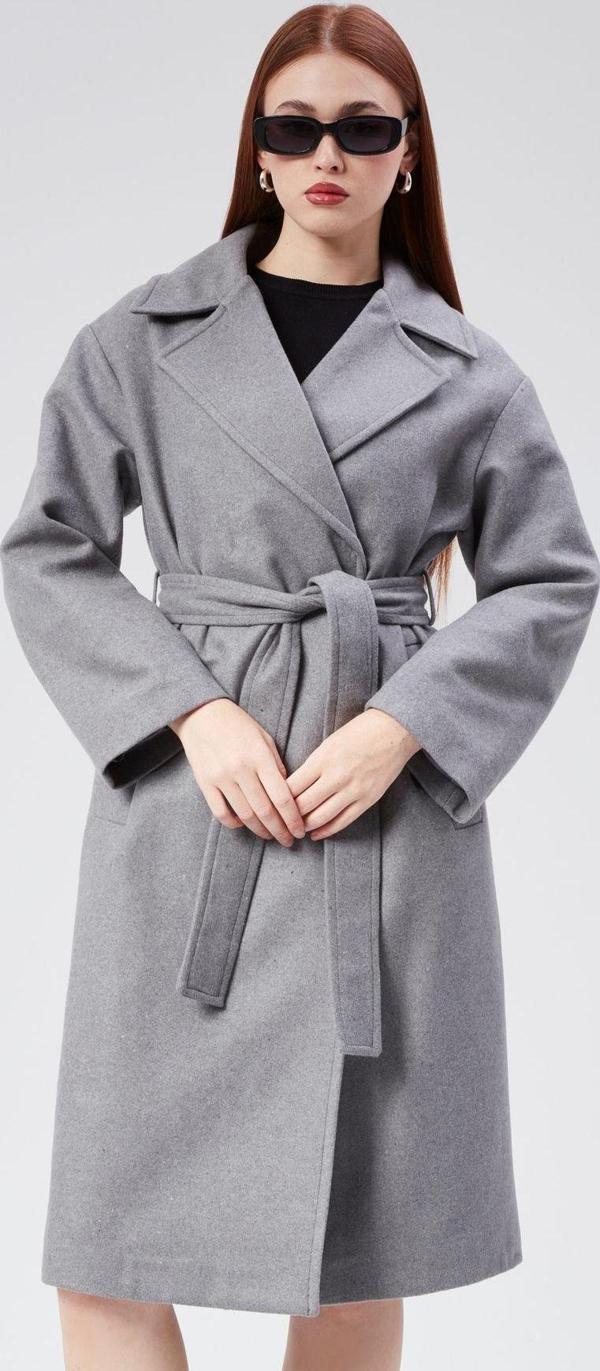 Kadın Kruvaze Yaka Kuşak Detaylı Kaşe Kaban - Image 1