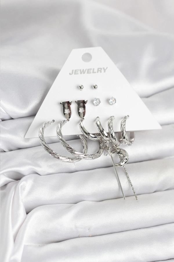 Gümüş Renk Pirinç 6'lı Kadın Küpe Seti - Image 1