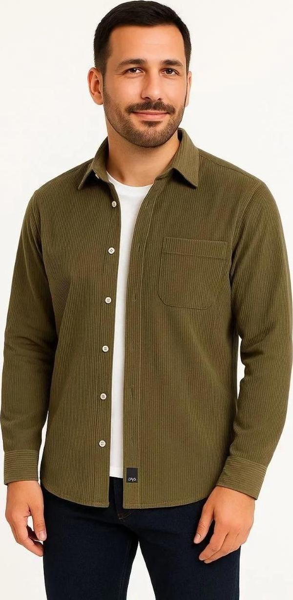 Erkek Fitilli Kadife Cepli Gömlek Oversize Rahat Kalıp - Haki - Image 1