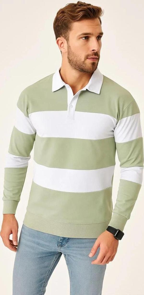 Erkek Polo Yaka Uzun Kollu Çizgili Sweatshirt Trend Rugby Stil - Mint Yeşili - Image 1