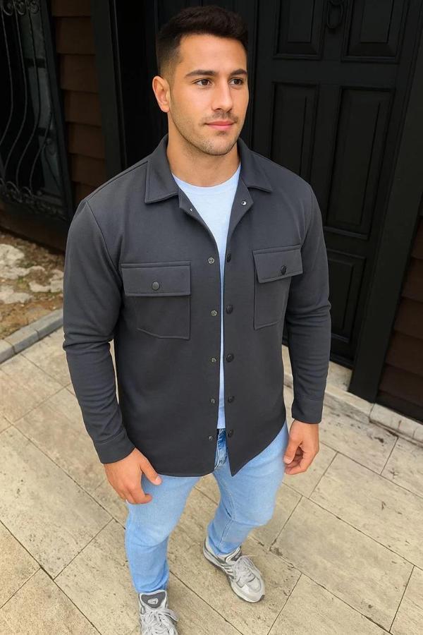 Erkek Diagonal Kumaş Cepli Çıtçıtlı uzun Kollu, Gömlek Oversize Rahat Kalıp Günlük Şık Stil - Füme - Image 1