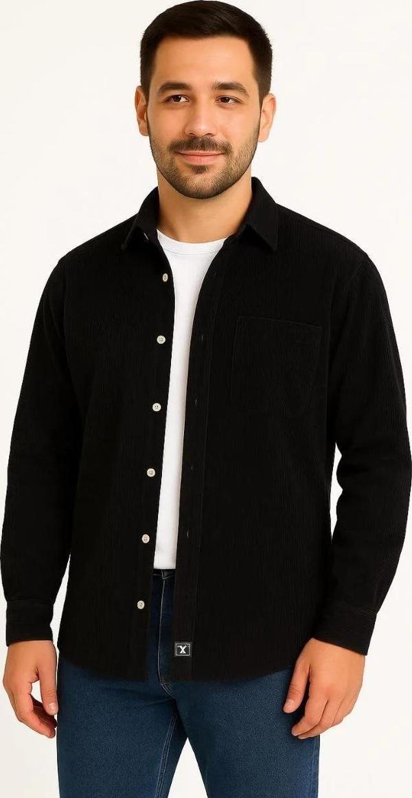 Erkek Fitilli Kadife Cepli Gömlek Oversize Rahat Kalıp - Siyah - Image 1
