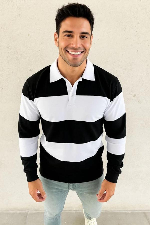 Erkek Polo Yaka Uzun Kollu Çizgili Sweatshirt Trend Rugby Stil - Siyah - Image 1