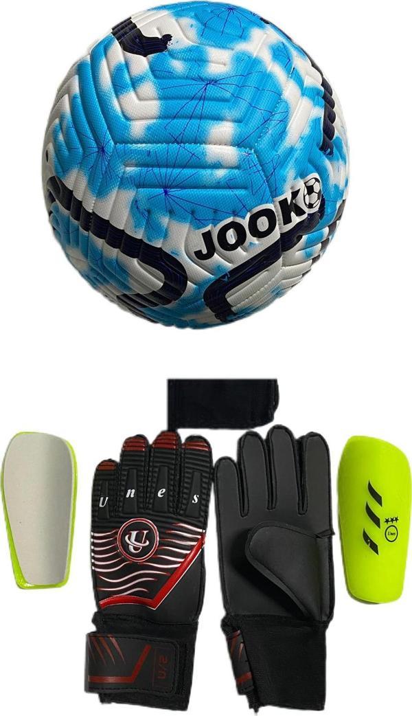 Unes 5 No Mavi Çizgili Futbol Topu Kaleci Eldiveni Ve Tekmelik 3'Lü Set (Pompa Hediyeli) - Image 1
