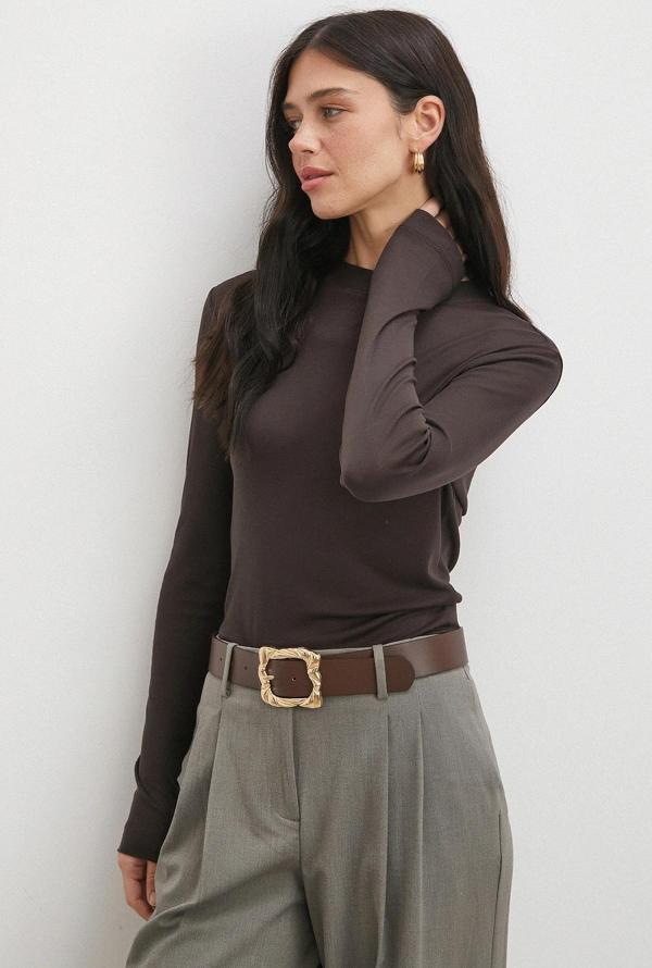 Bisiklet Yaka Uzun  Kol Bluz Kahve - Image 1