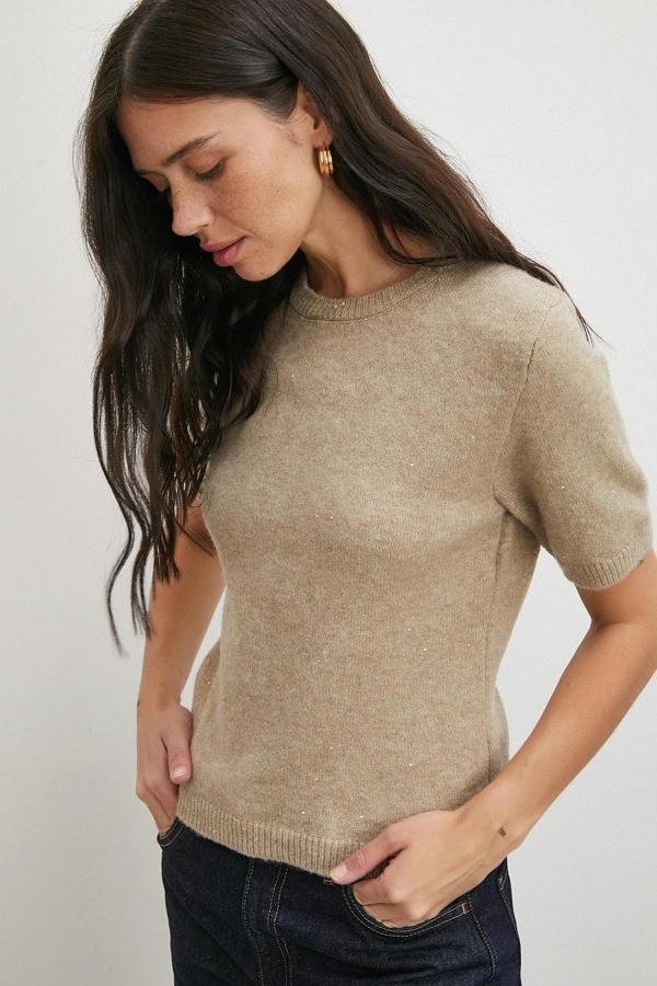 Simli Kısa Kol Kazak Vizon - Image 1