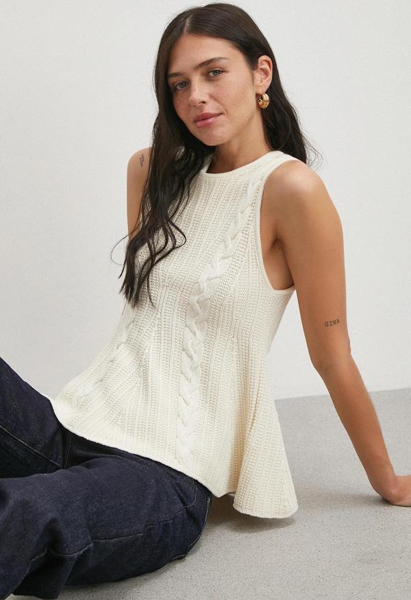 Burgu Örgü Kolsuz Triko Ekru - Image 1