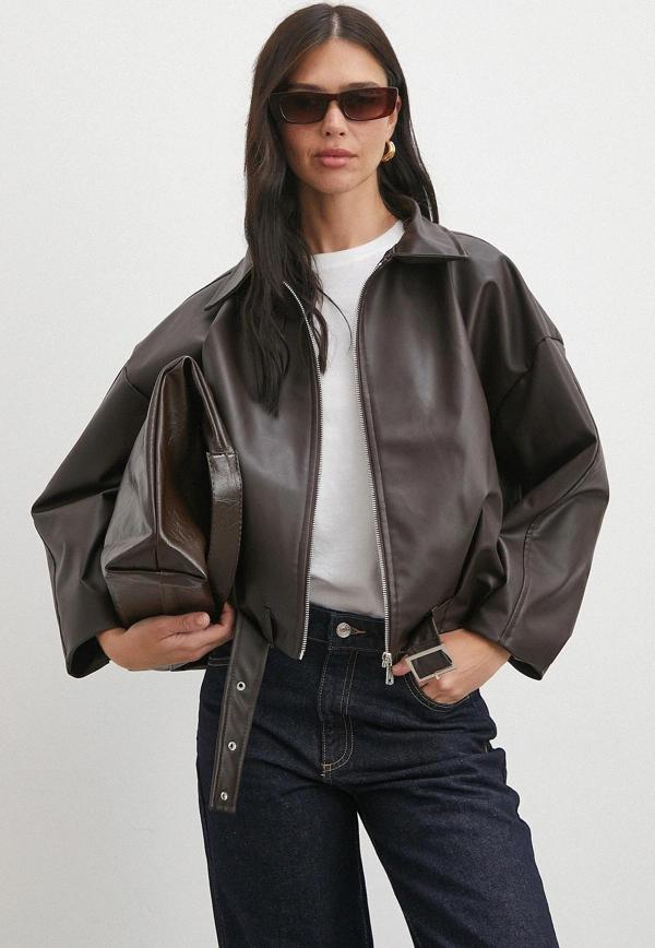 Yakalı Kemer Detaylı Deri Ceket Kahve - Image 1