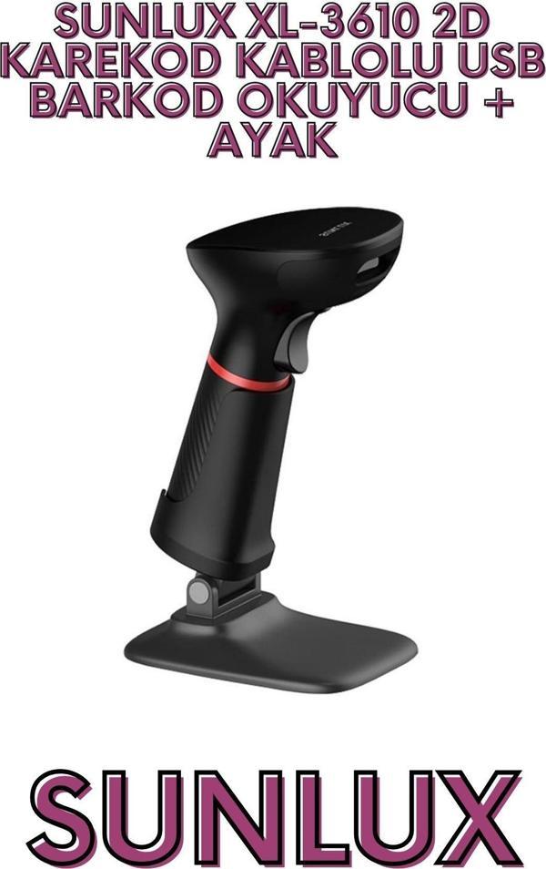 SUNLUX XL-3610 2D KAREKOD KABLOLU USB BARKOD OKUYUCU + AYAK - Image 1