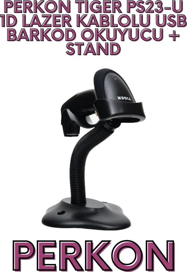 PERKON TIGER PS23-U 1D LAZER KABLOLU USB BARKOD OKUYUCU + STAND - Image 1