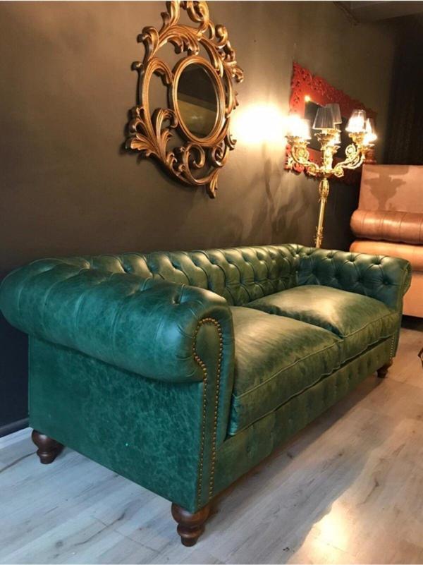 3A Mobilya Yeşil Hakiki Deri Untimely Chesterfield Kanepe - Image 1