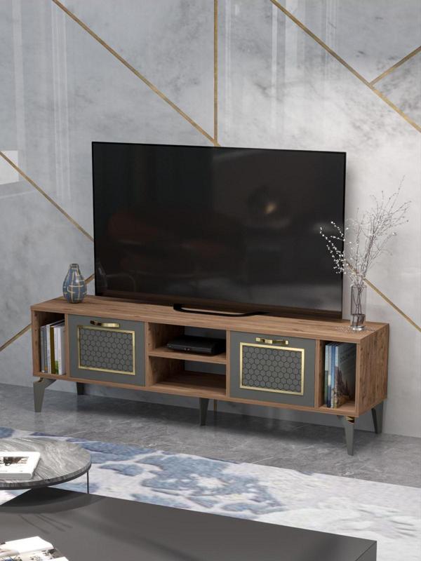 Tv Sehpası Tv Ünitesi Vera Beyaz Gold Çizgili 5052 - Image 1
