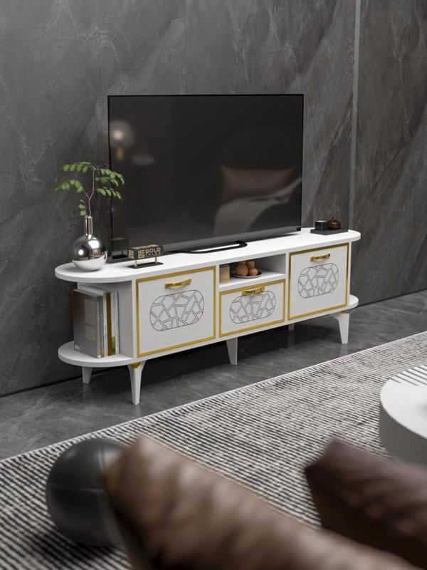 Tv Sehpası Tv Ünitesi Raflı 140 Cm Gzd Beyaz - Image 1