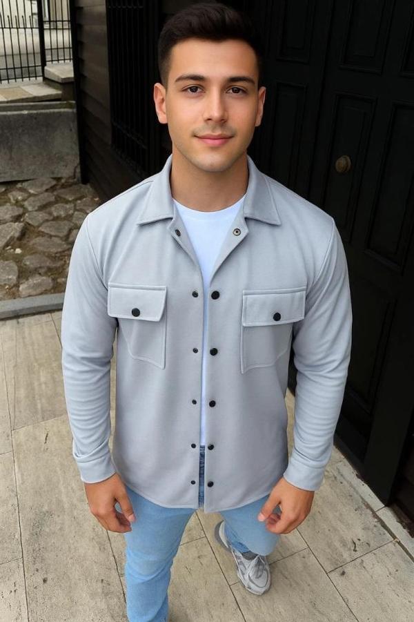 MDB Erkek Diagonal Kumaş Cepli Çıtçıtlı Uzun Kollu, Gömlek Oversize Rahat Kalıp Günlük Şık til  Gri - Image 1