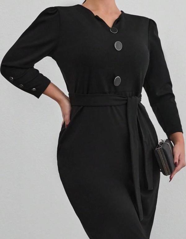 MDB Kadın Uzun Kollu Düğme Detaylı Kendinden Kemerli Ithal Krep Elbise - Image 1