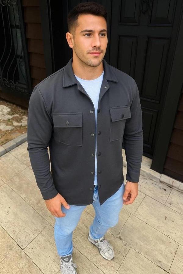 MDB Erkek Diagonal Kumaş Cepli Çıtçıtlı Uzun Kollu, Gömlek Oversize Rahat Kalıp Günlük Şık til  Füme - Image 1