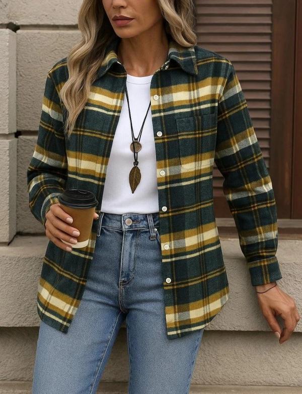 MDB Kadın Uzun Kollu Kare Desenli önden Düğmeli Dokuma Gömlek - Image 1