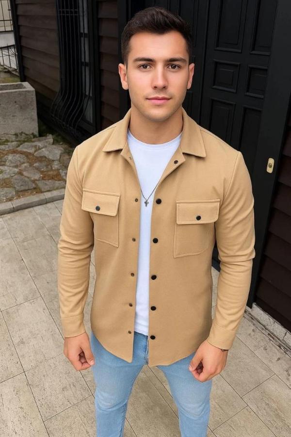 MDB Erkek Diagonal Kumaş Cepli Çıtçıtlı Uzun Kollu, Gömlek Oversize Rahat Kalıp Günlük Şık til  Bej - Image 1