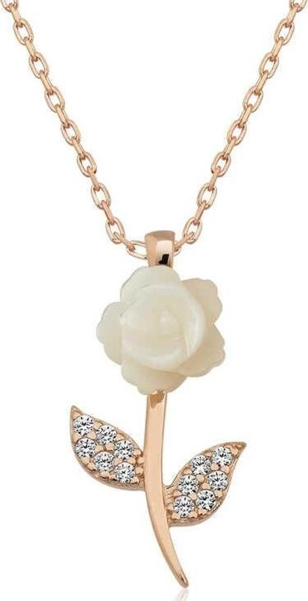 MDB 925 Ayar Gümüş Rose Beyaz Gül Kadın Gümüş Kolye - Image 1