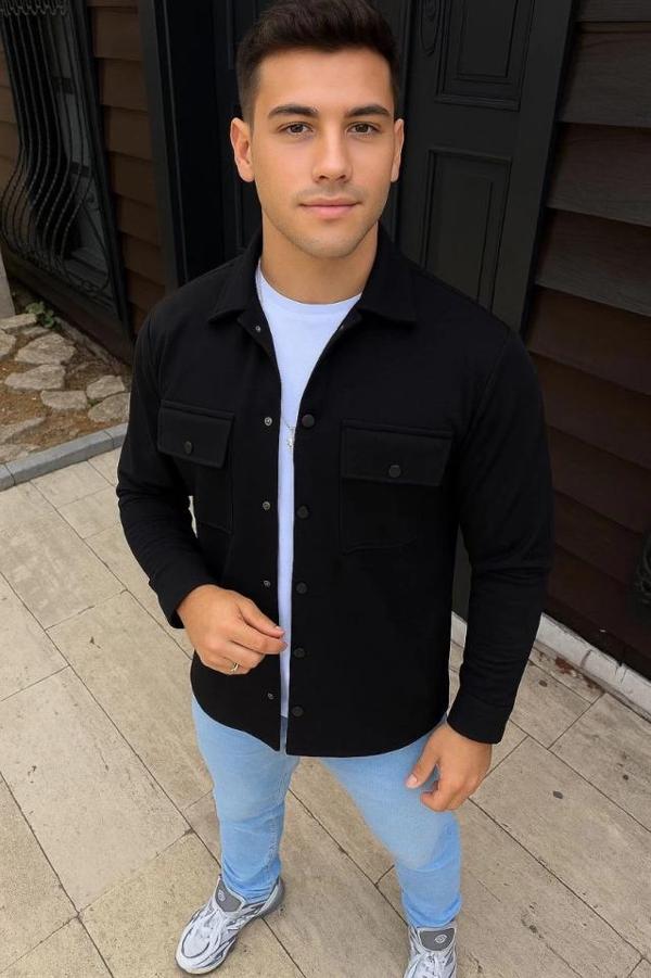 MDB Erkek Diagonal Kumaş Cepli Çıtçıtlı Uzun Kollu, Gömlek Oversize Rahat Kalıp Günlük Şık til  iyah - Image 1