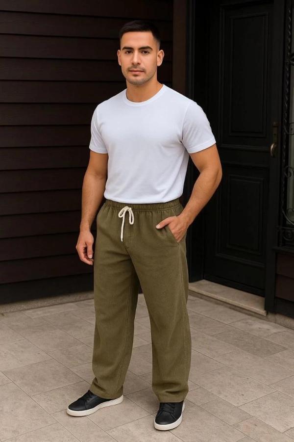 MDB Erkek Fitilli Kadife Cepli Buggy Pantolon Oversize Rahat Kalıp  Haki - Image 1