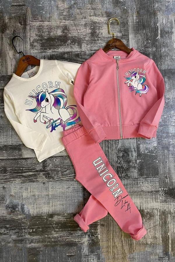 Kız Çocuk Unicorn Baskılı 3lü Pembe Taytlı Takım - Image 1