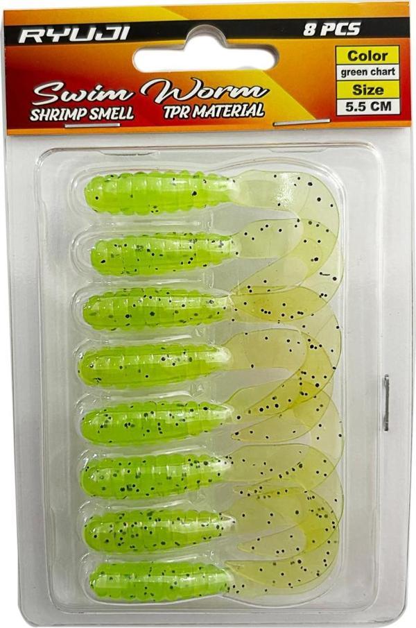 Ryuji Swim Worm 5.5cm 8 Adet LRF Silikon Yem Green Chart - Image 1
