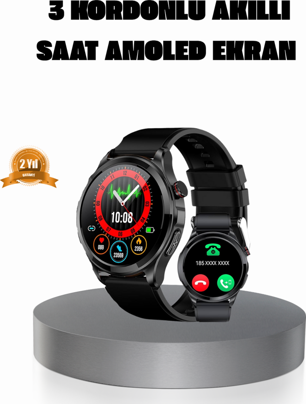 AMOLED Ekranlı Smartwatch – 3 Kordonlu, Kalp Atış & Uyku Takipli Akıllı Saat - Image 1