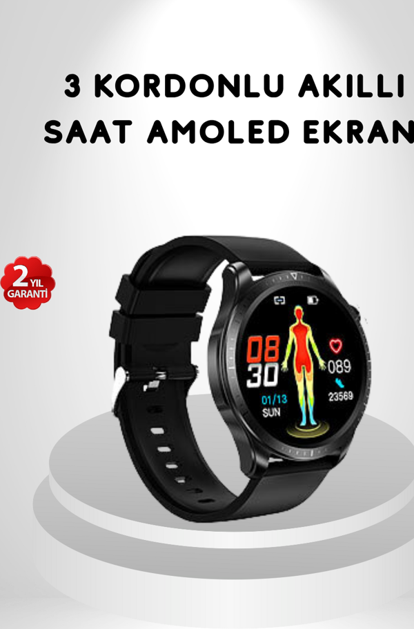 AMOLED Ekranlı Akıllı Saat – 3 Kordon Seçenekli, Suya Dayanıklı, Kalp Atış ve Uyku Takip Özellikli - Image 1