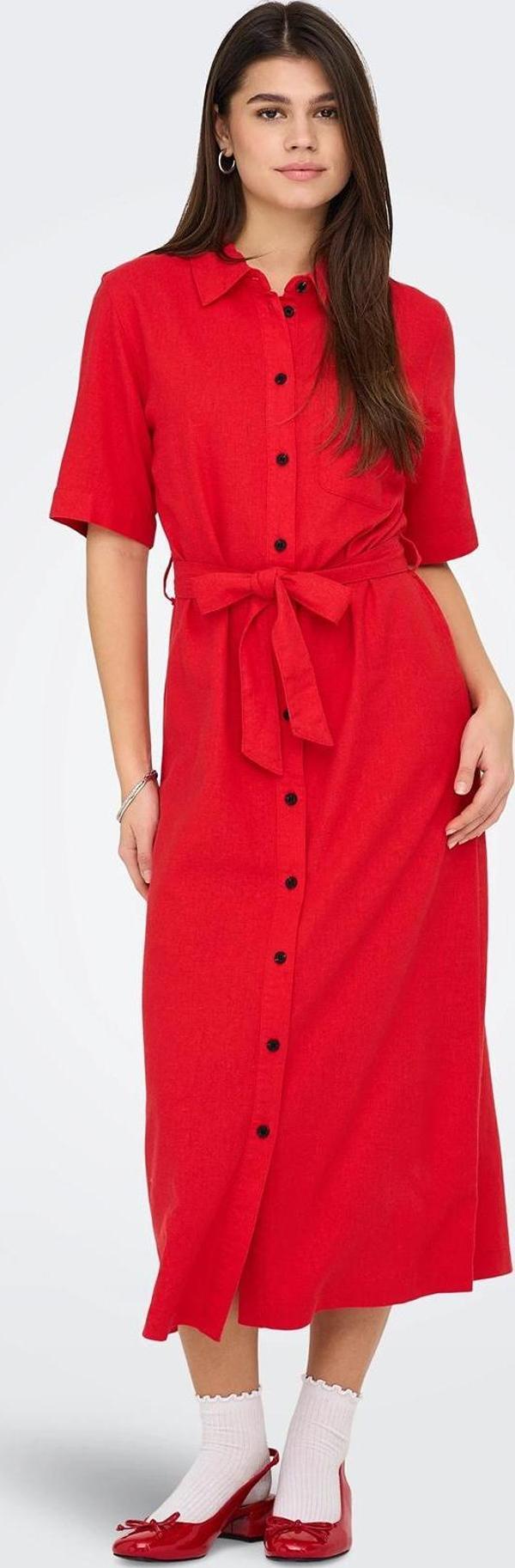 Only Onlcaro Keten Karışımlı Regular Fit Düğmeli Kemerli Midi Bayan Elbise 15338884 KIRMIZI - Image 1