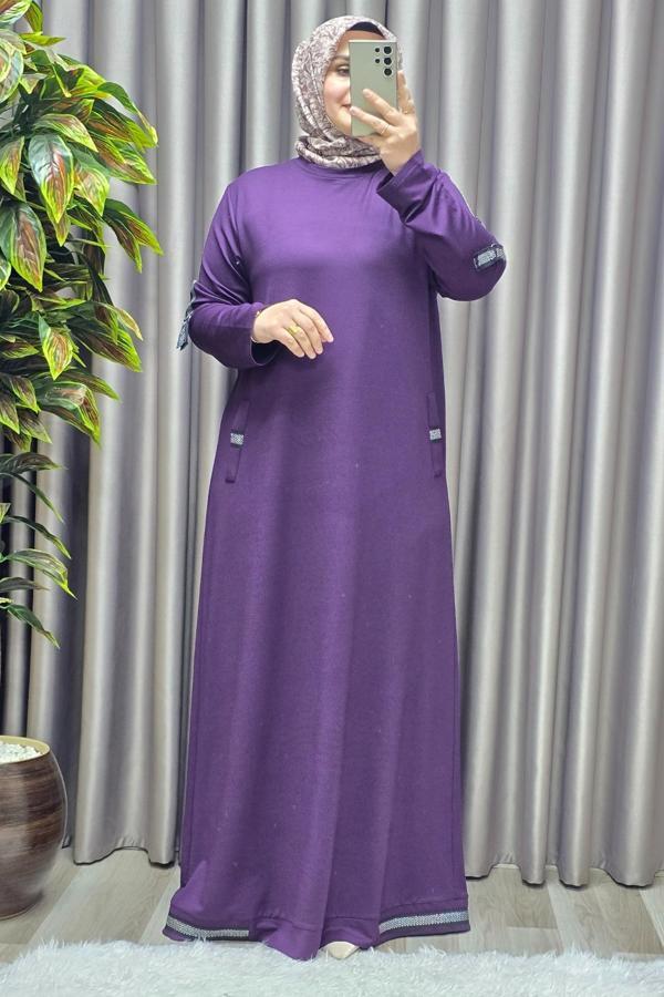 Kadın Tesettür Giyim Büyük Beden Kolu Şeritli Elbise  - Image 1