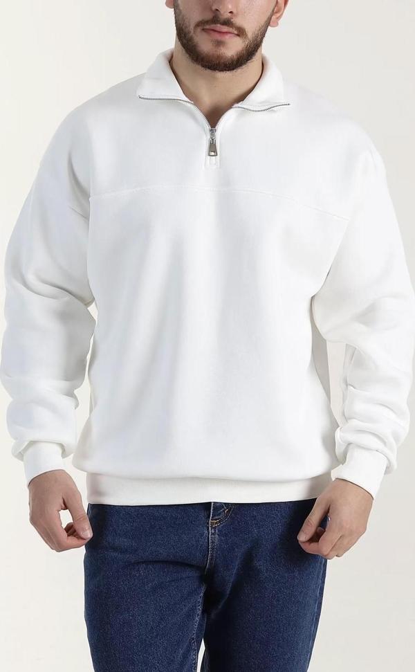 Lowell Beyaz Yarım Oversize İçi Pamuklu Üç İplik Şardonlu Basic Erkek Sweatshirt - Image 1