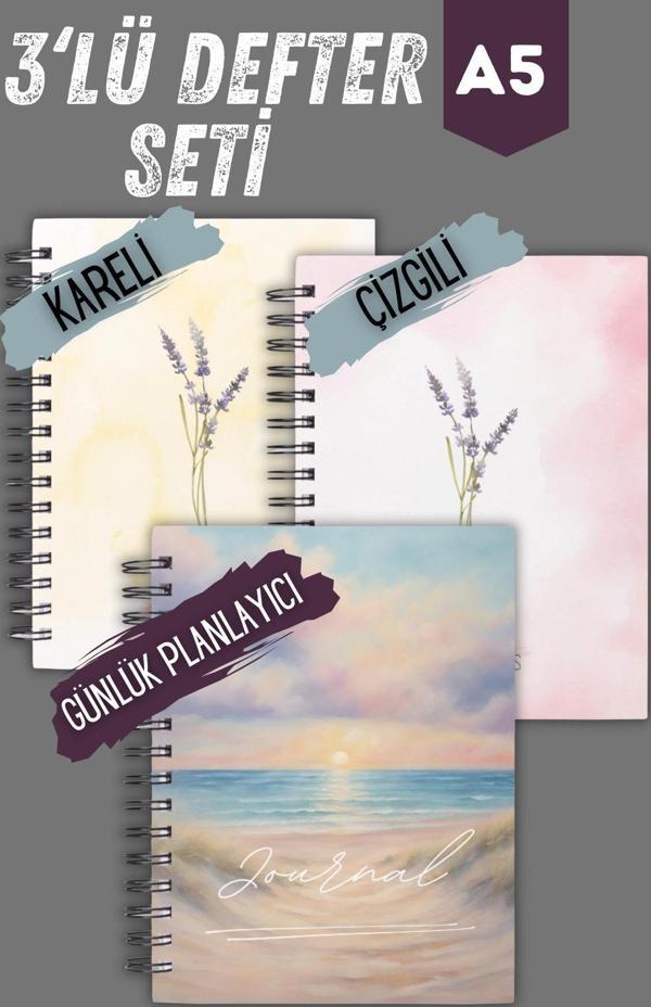 Papirus Craft Spiralli Okul Defter Seti | 3 Adet | A5 | Sert Karton Kapak | 90 Sayfa | Çelik Spiral - Image 1
