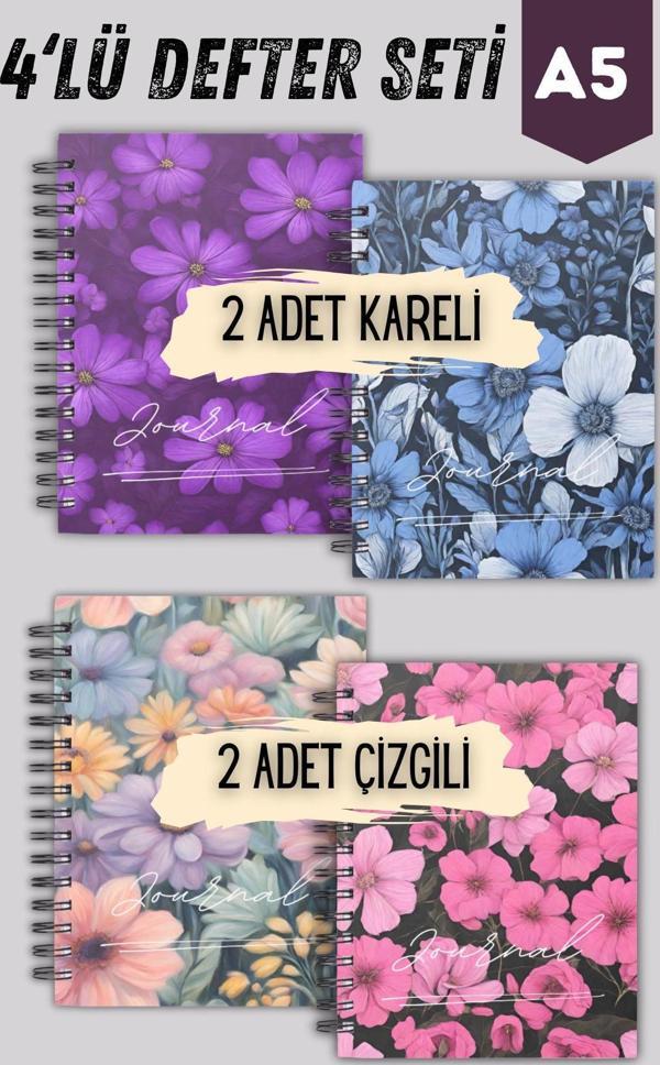 Papirus Craft Spiralli Okul Defter Seti | 4 Adet | A5 | Sert Karton Kapak | 90 Sayfa | Çelik Spiral - Image 1