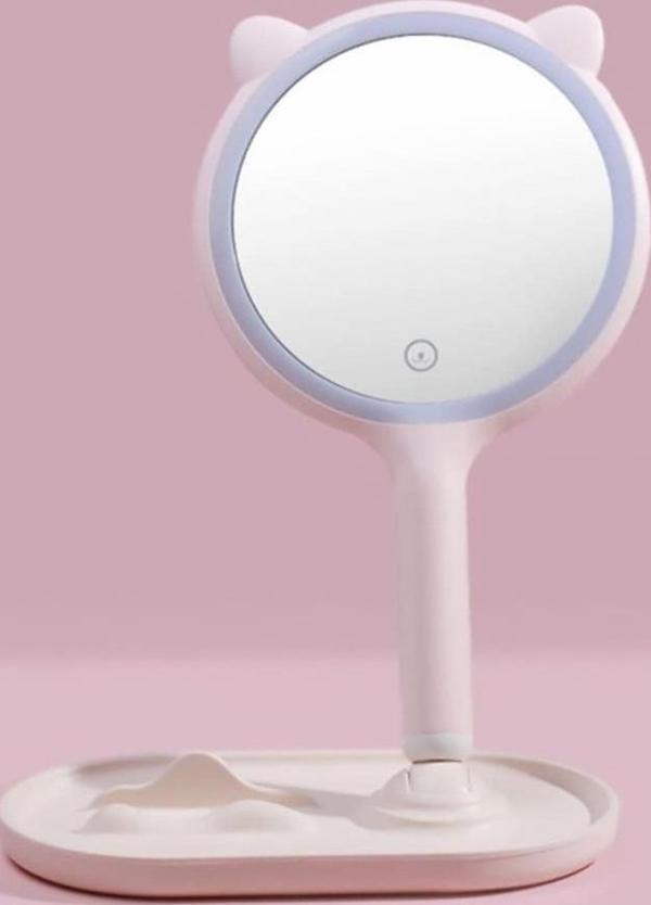 OLLEVRA Kedi Kulaklı Telefon Standlı Yuvarlak Dokunmatik Led Ayarlı Masa Üstü Makyaj Aynası - Image 1