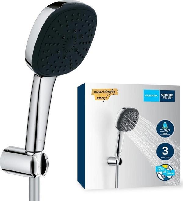 Grohe 110 El Duşu Seti, 110MM Kare 3 Akışlı, Masaj, Yağmur ve Jet Duşu, Duş Başlığı Tutucu, 1750MM Duş Hortumu, Krom, 26 - Image 1