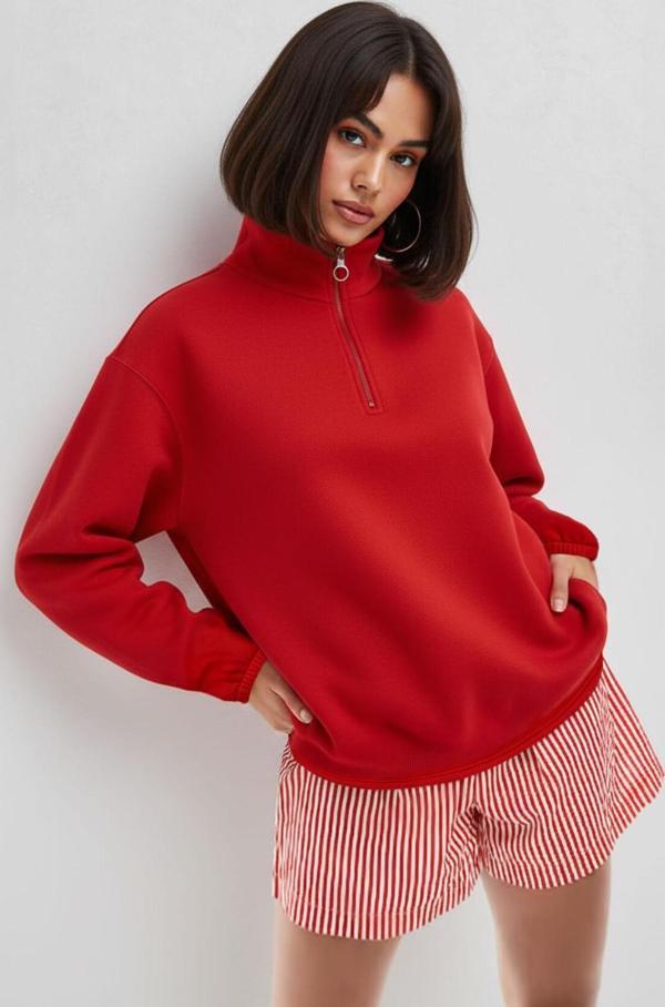 Kadın Yarım Fermuar İçi Polarlı Kırmızı Sweat Elbise - Image 1